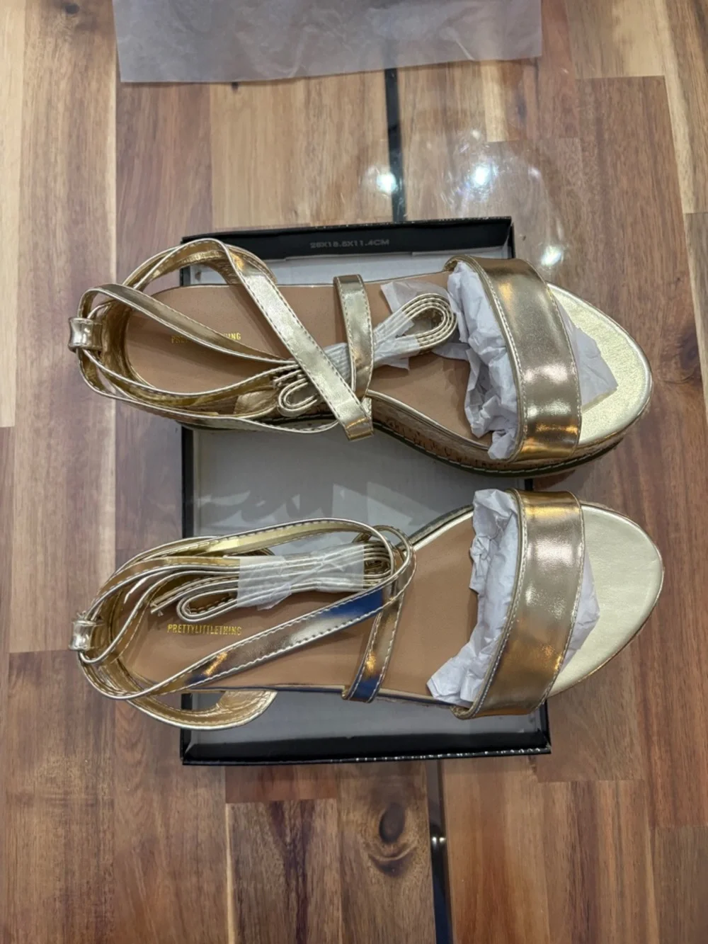 NIB Sz 7 Gold Metallic Espadrille Lace-Up Platform Sandals Wedges Shoes Shiny